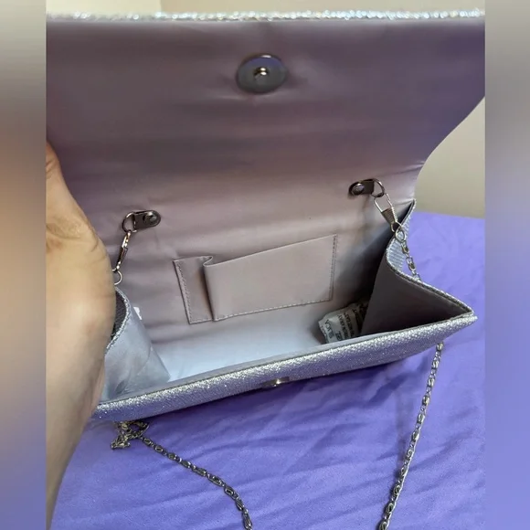 Silver Sparkle Clutch with Crossbody Chain - Picture 3 of 5